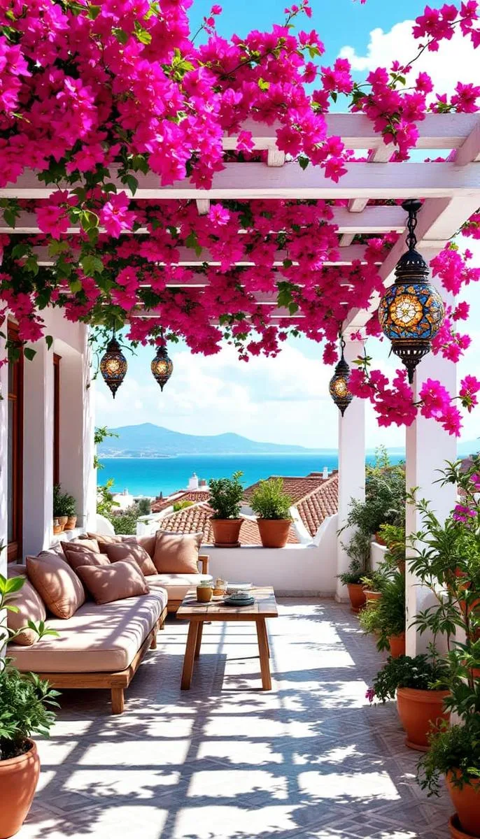 mediterranean-inspired pergola with bougainvillea and mosaic lanterns 1
