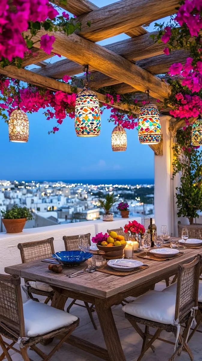 mediterranean-inspired pergola with bougainvillea and mosaic lanterns 1