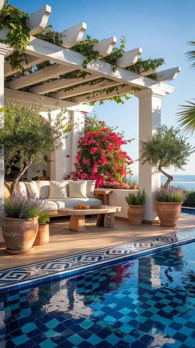 mediterranean-style pergola with terracotta pots and blue-and-white tiles by the pool 1 mediterranean-style pergola with terracotta pots and blue-and-white tiles by the pool 1