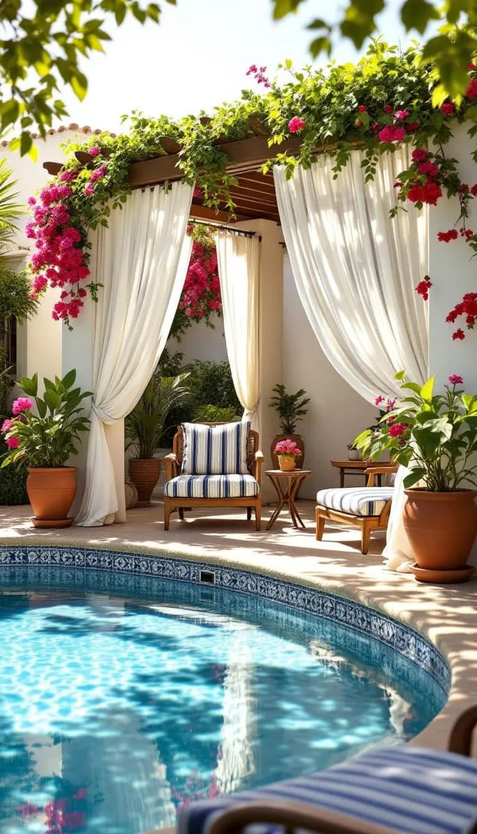 mediterranean-style pergola with terracotta pots and blue-and-white tiles by the pool 1 mediterranean-style pergola with terracotta pots and blue-and-white tiles by the pool 1