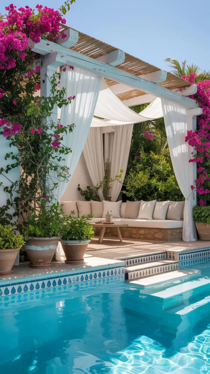 mediterranean-style pergola with terracotta pots and blue-and-white tiles by the pool 1 mediterranean-style pergola with terracotta pots and blue-and-white tiles by the pool 1
