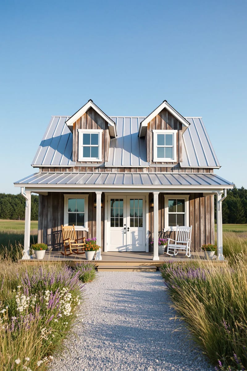 21 Small Barn House Designs with Modern Rustic Charm 54 mini barn house with two gabled dormers above porch 1