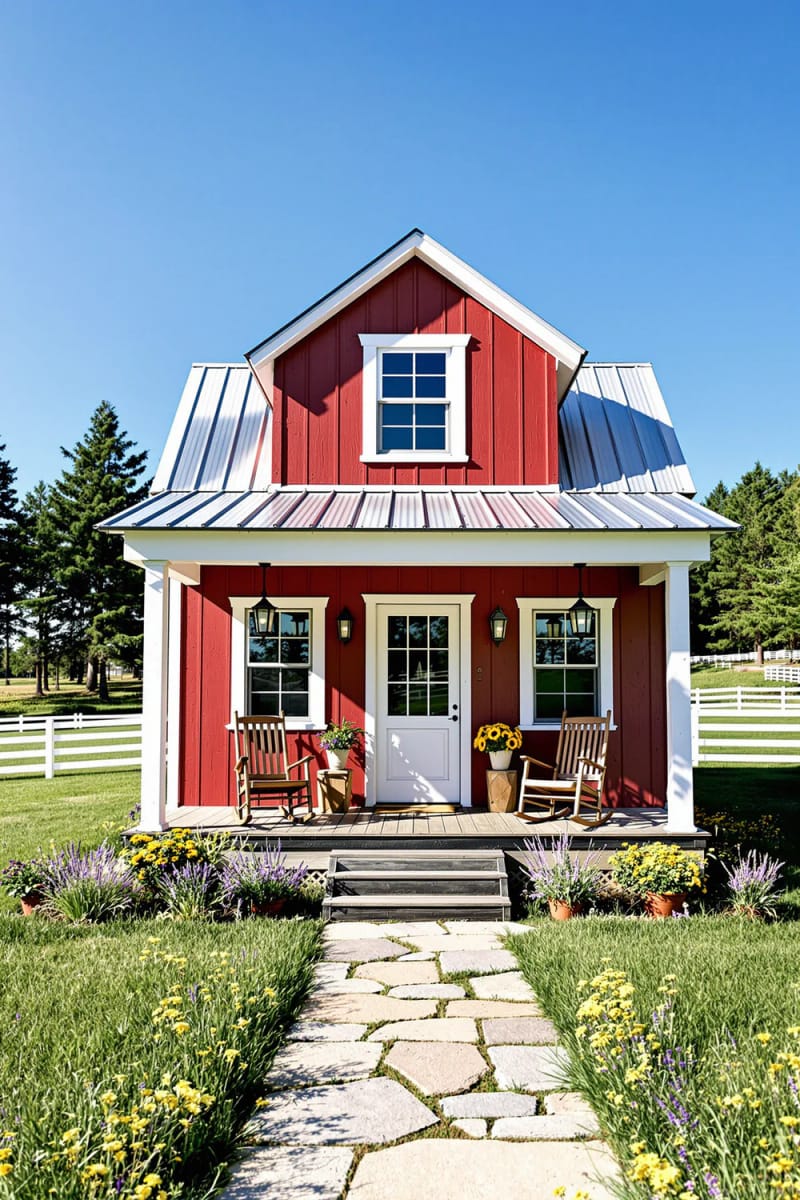 21 Small Barn House Designs with Modern Rustic Charm 55 mini barn house with two gabled dormers above porch 1