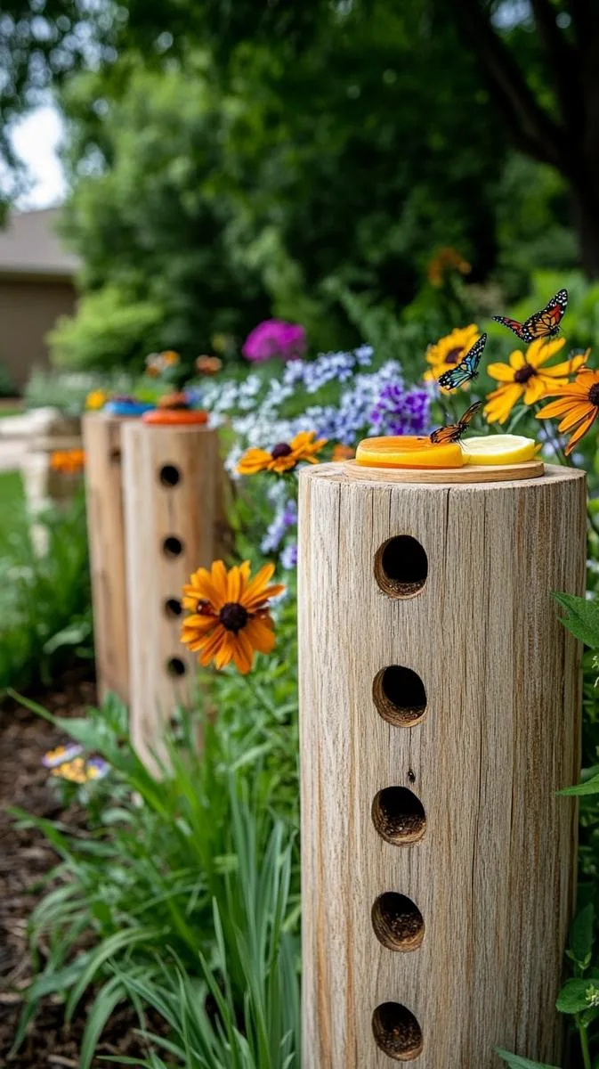mini wildflower meadow with bee hotels and butterfly feeders 1