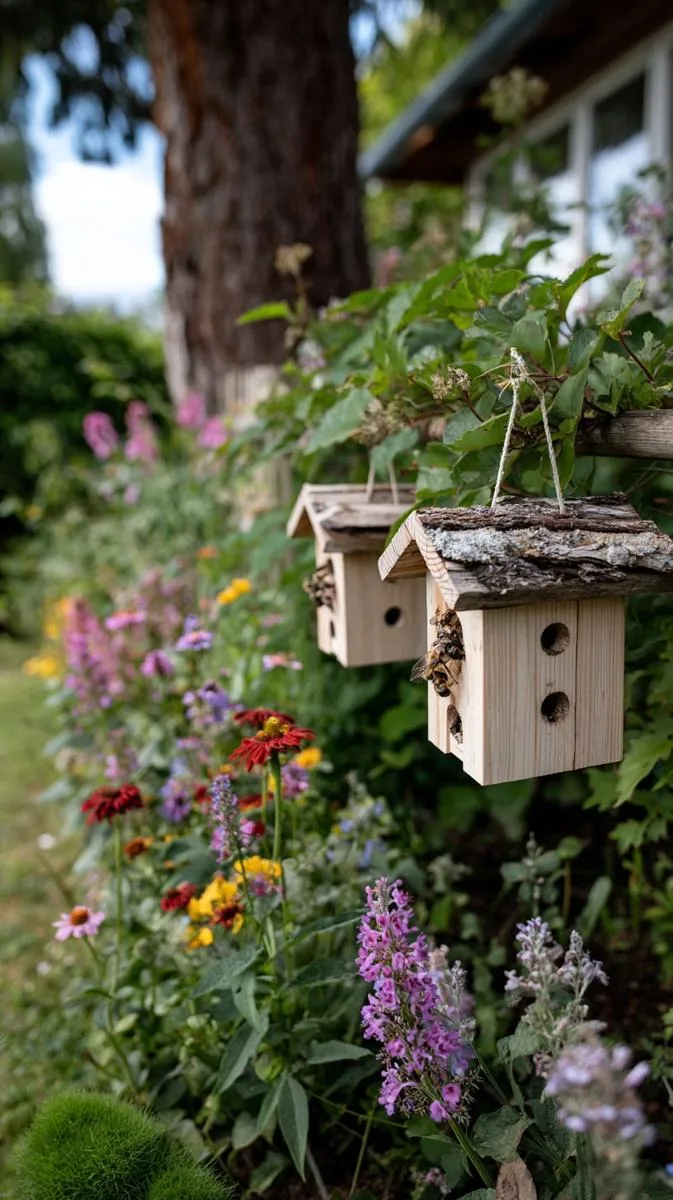 mini wildflower meadow with bee hotels and butterfly feeders 1