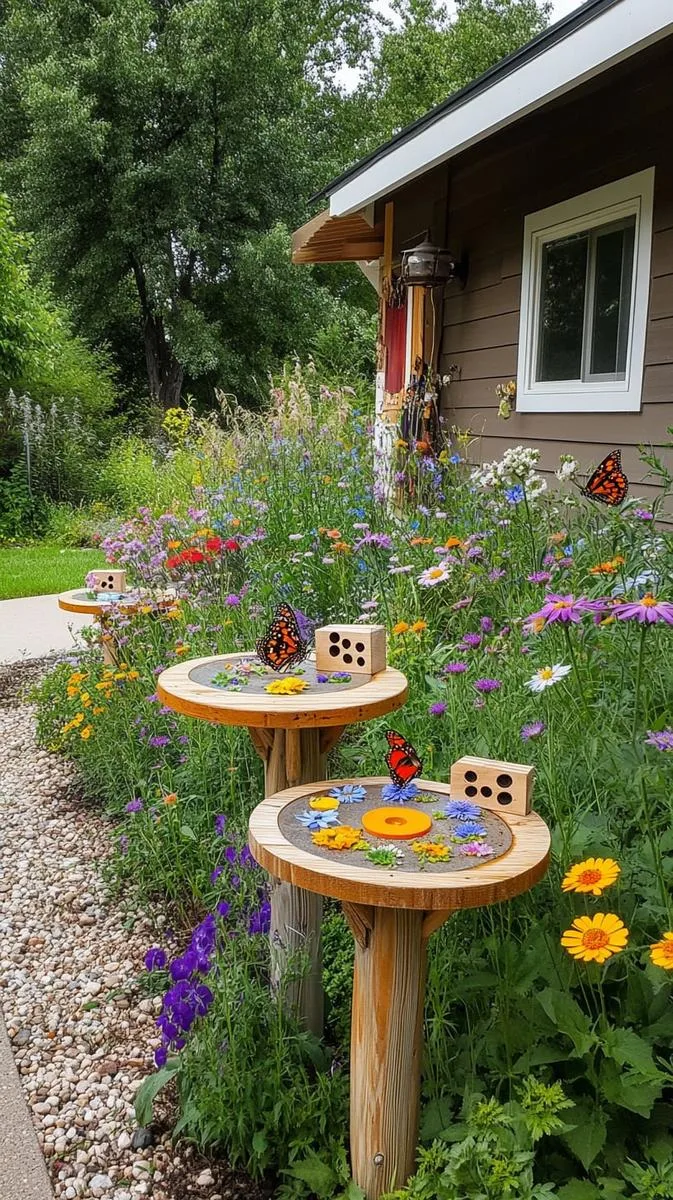 mini wildflower meadow with bee hotels and butterfly feeders 1