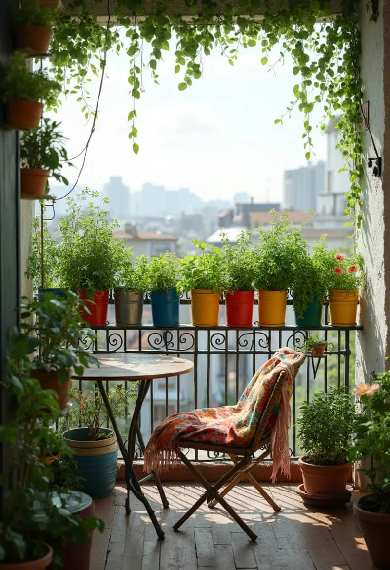 miniature herb garden in colorful tin cans along balcony ledge 1