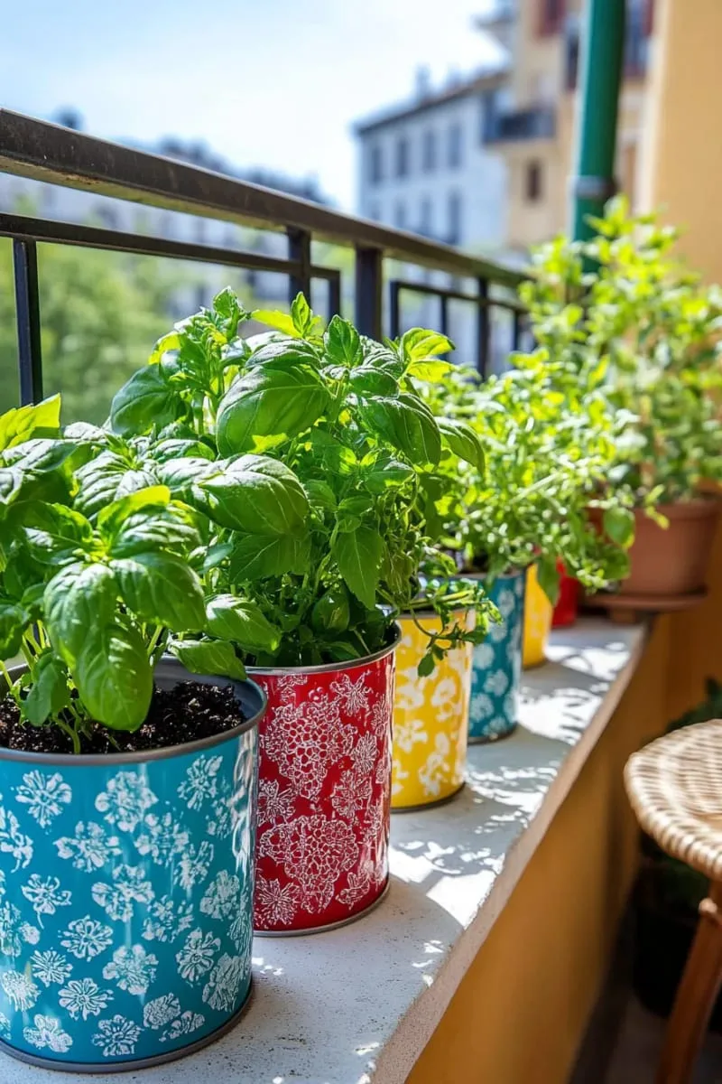 miniature herb garden in colorful tin cans along balcony ledge 1