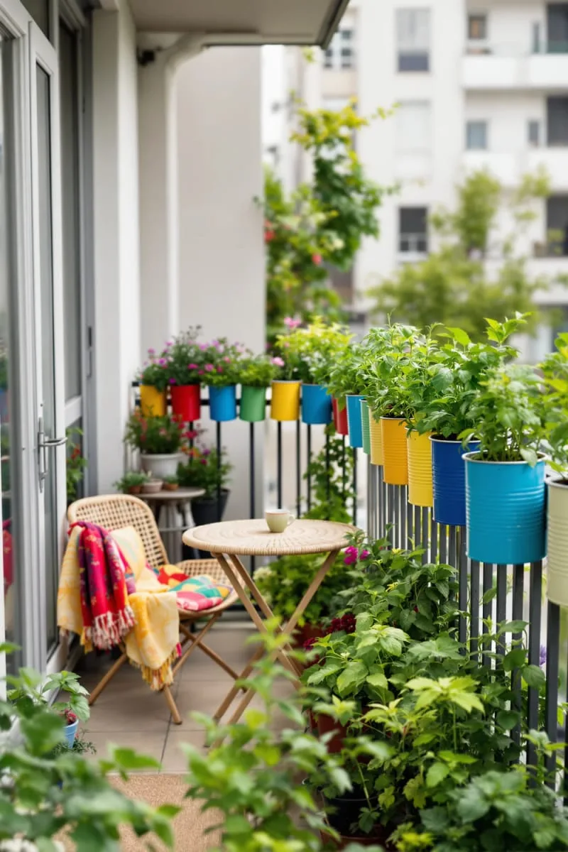 miniature herb garden in colorful tin cans along balcony ledge 1