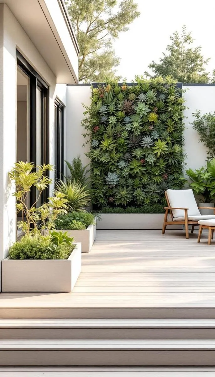 minimalist deck with built-in planter boxes and vertical succulent garden 1