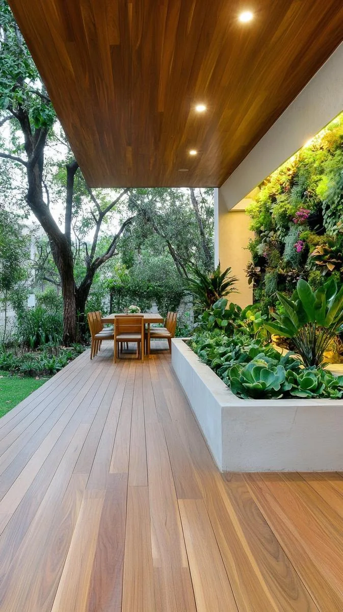minimalist deck with built-in planter boxes and vertical succulent garden 1