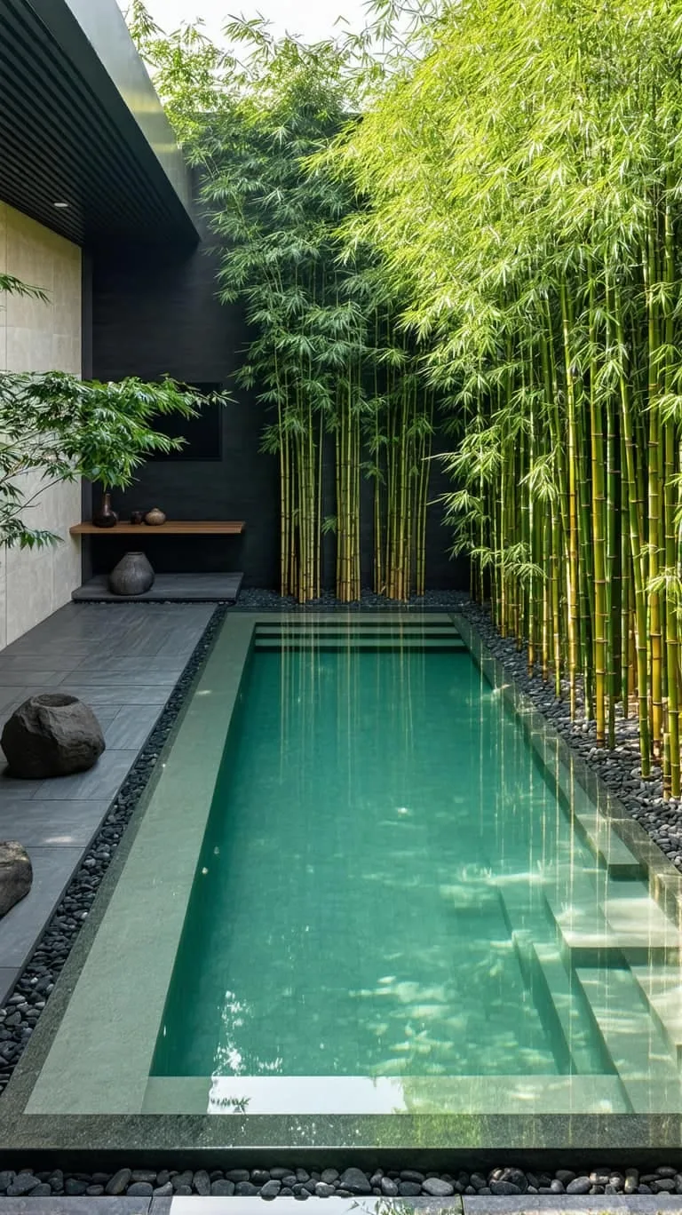 minimalist plunge pool surrounded by black stone and bamboo 1