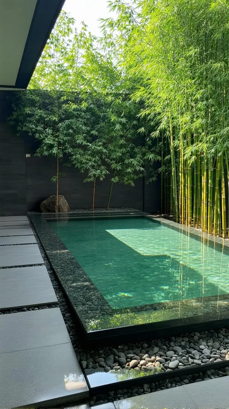 minimalist plunge pool surrounded by black stone and bamboo 1