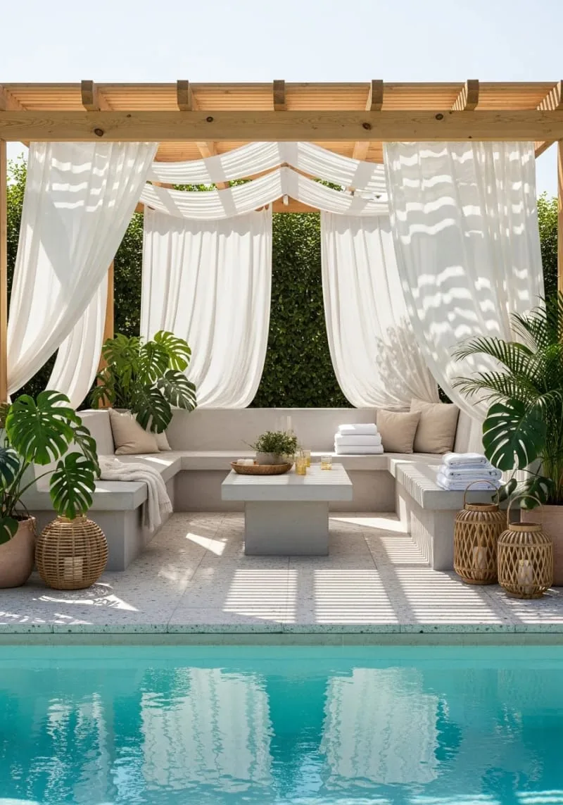 minimalist pool cabana using sheer linen curtains and concrete benches 1