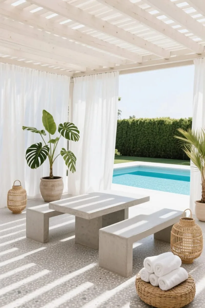 minimalist pool cabana using sheer linen curtains and concrete benches 1