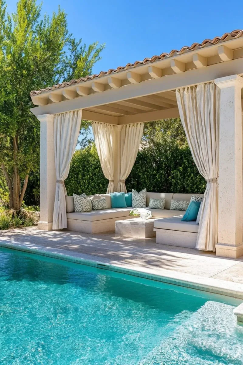 minimalist pool cabana using sheer linen curtains and concrete benches 1
