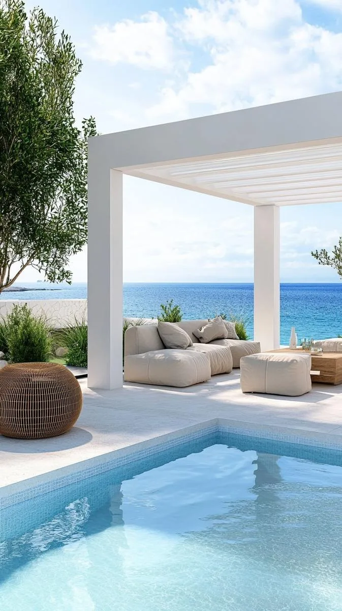 minimalist white pergola framing a sleek infinity pool for modern elegance 1 minimalist white pergola framing a sleek infinity pool for modern elegance 1