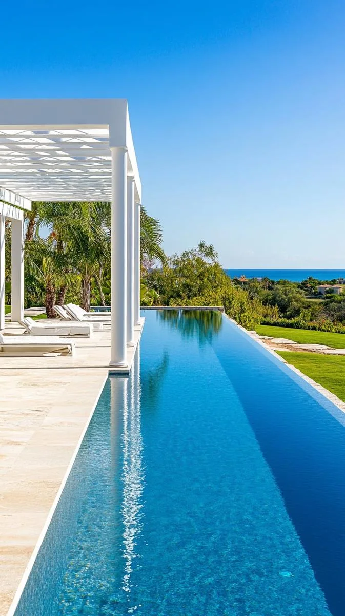 minimalist white pergola framing a sleek infinity pool for modern elegance 1 minimalist white pergola framing a sleek infinity pool for modern elegance 1