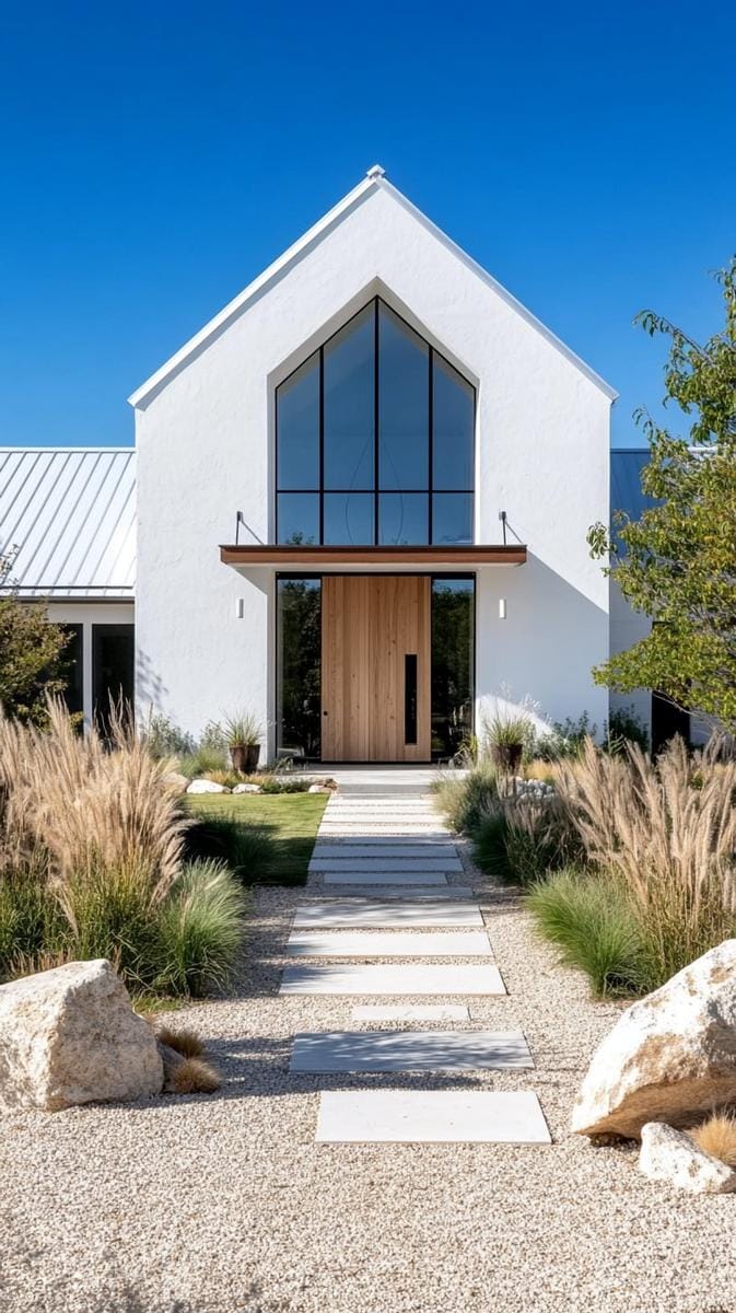 minimalist whitewashed exterior with oversized pivot door and steel awnings 1