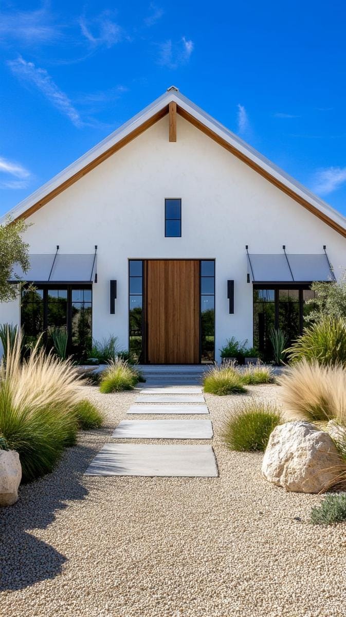 minimalist whitewashed exterior with oversized pivot door and steel awnings 1