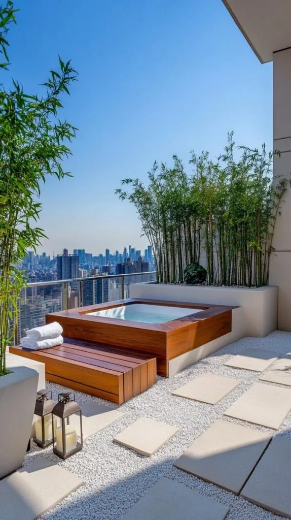 minimalist zen retreat featuring gravel, bamboo, and a soaking tub 4