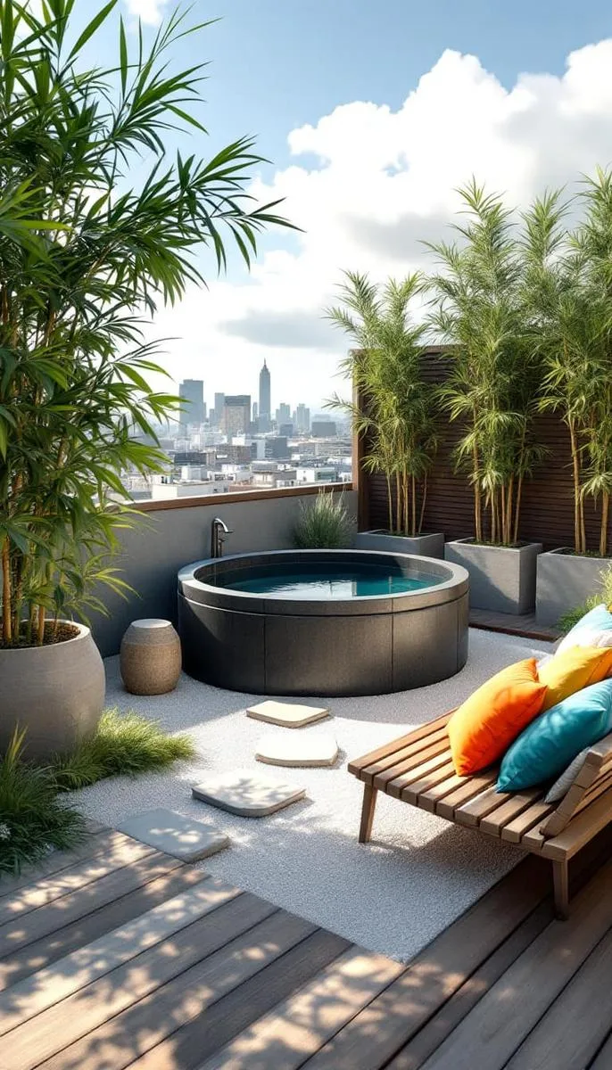 minimalist zen retreat featuring gravel, bamboo, and a soaking tub 1