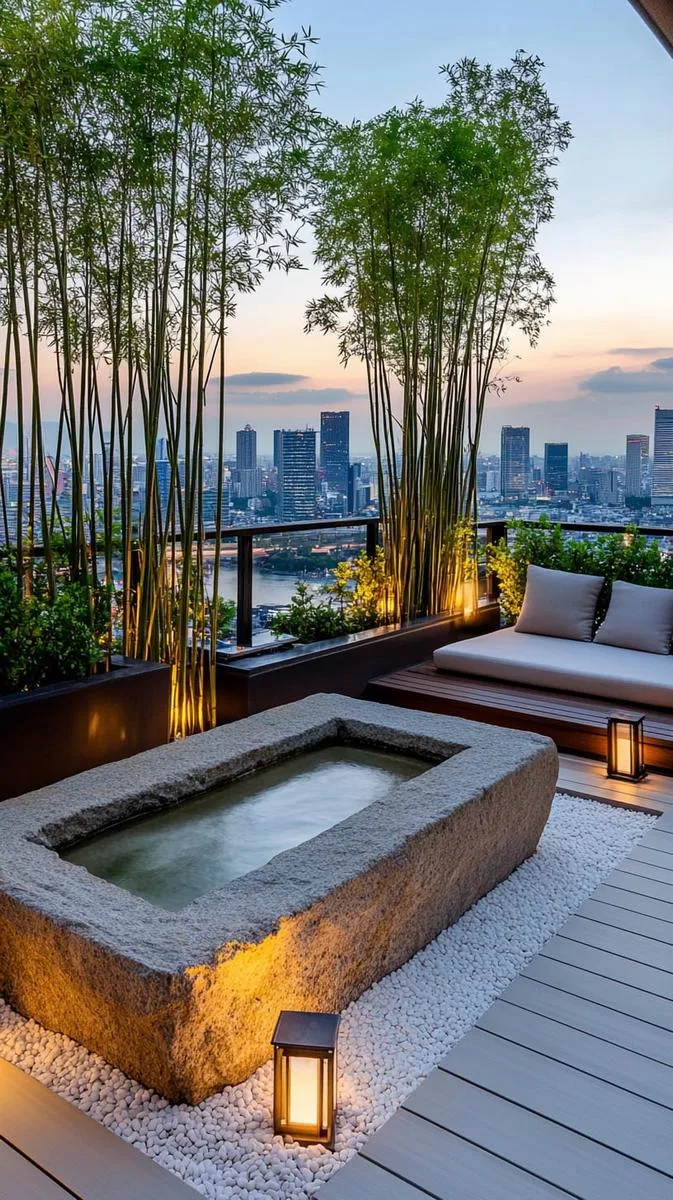 minimalist zen retreat featuring gravel, bamboo, and a soaking tub 1