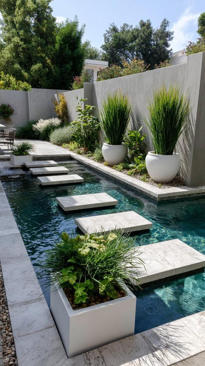 modern courtyard with geometric reflecting pool and floating stepping stones 1