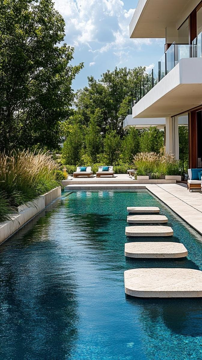modern courtyard with geometric reflecting pool and floating stepping stones 1