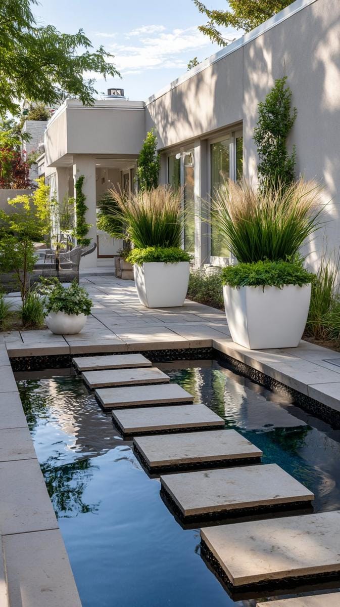 modern courtyard with geometric reflecting pool and floating stepping stones 1