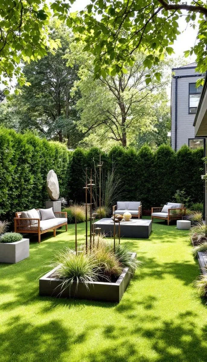 modern sculpture garden featuring geometric planters and minimal seating 1