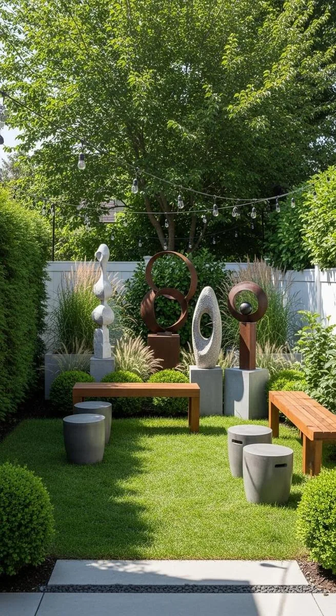 modern sculpture garden featuring geometric planters and minimal seating 1