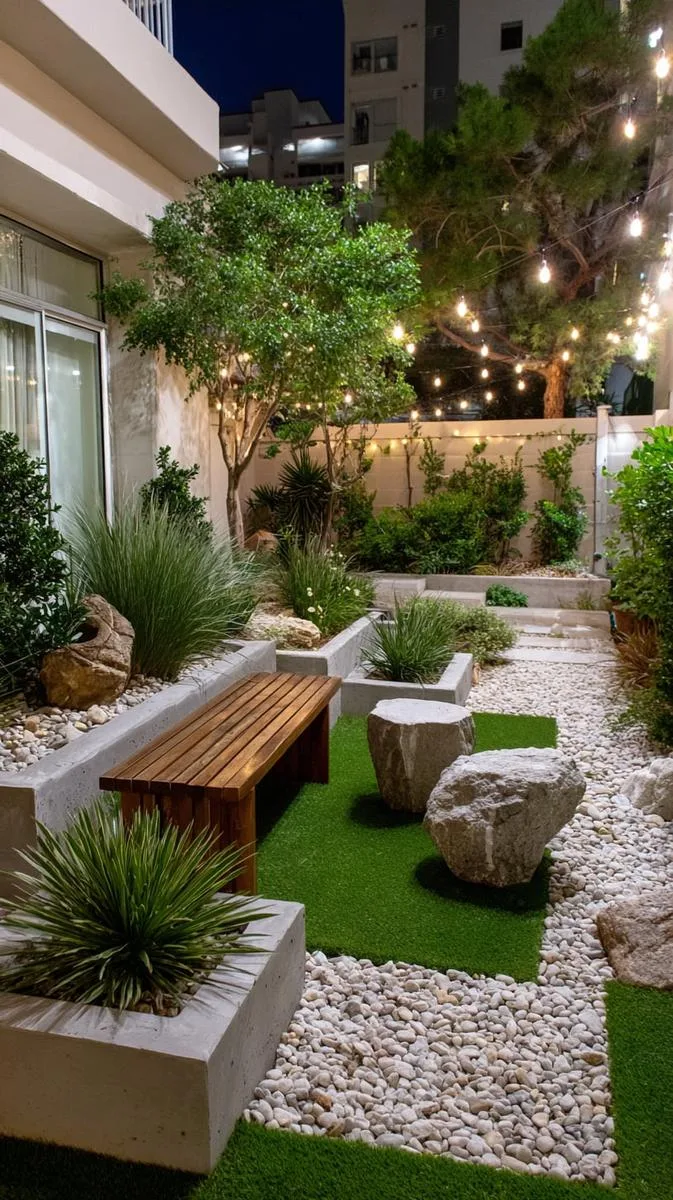 modern sculpture garden featuring geometric planters and minimal seating 1