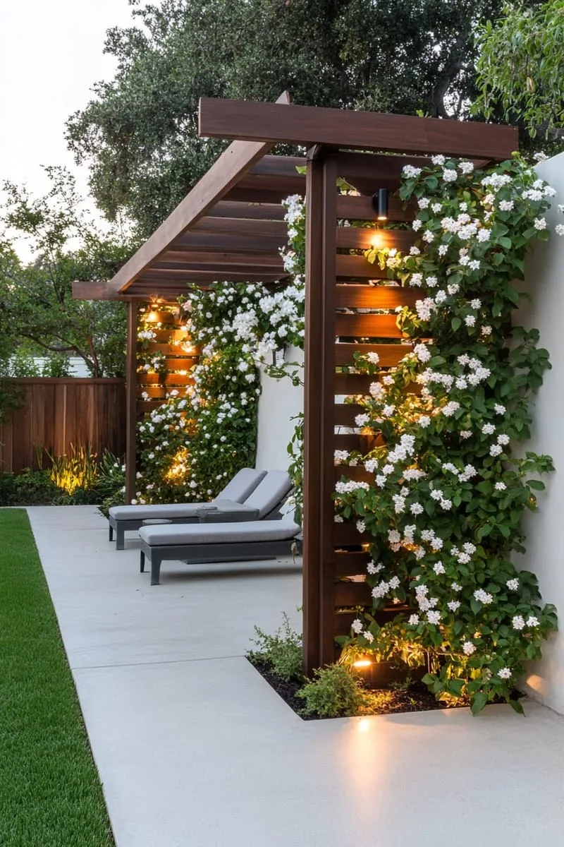 modern trellis wall for privacy covered in climbing jasmine 1