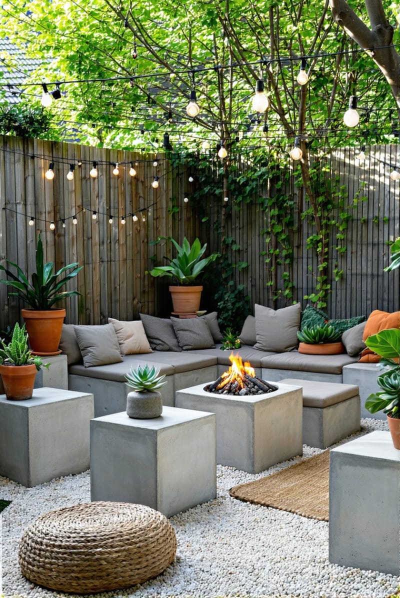 15 Unique Concrete Backyard Ideas for Creative Outdoor Style 48 modular concrete cubes used as flexible backyard furniture and plant stands 1