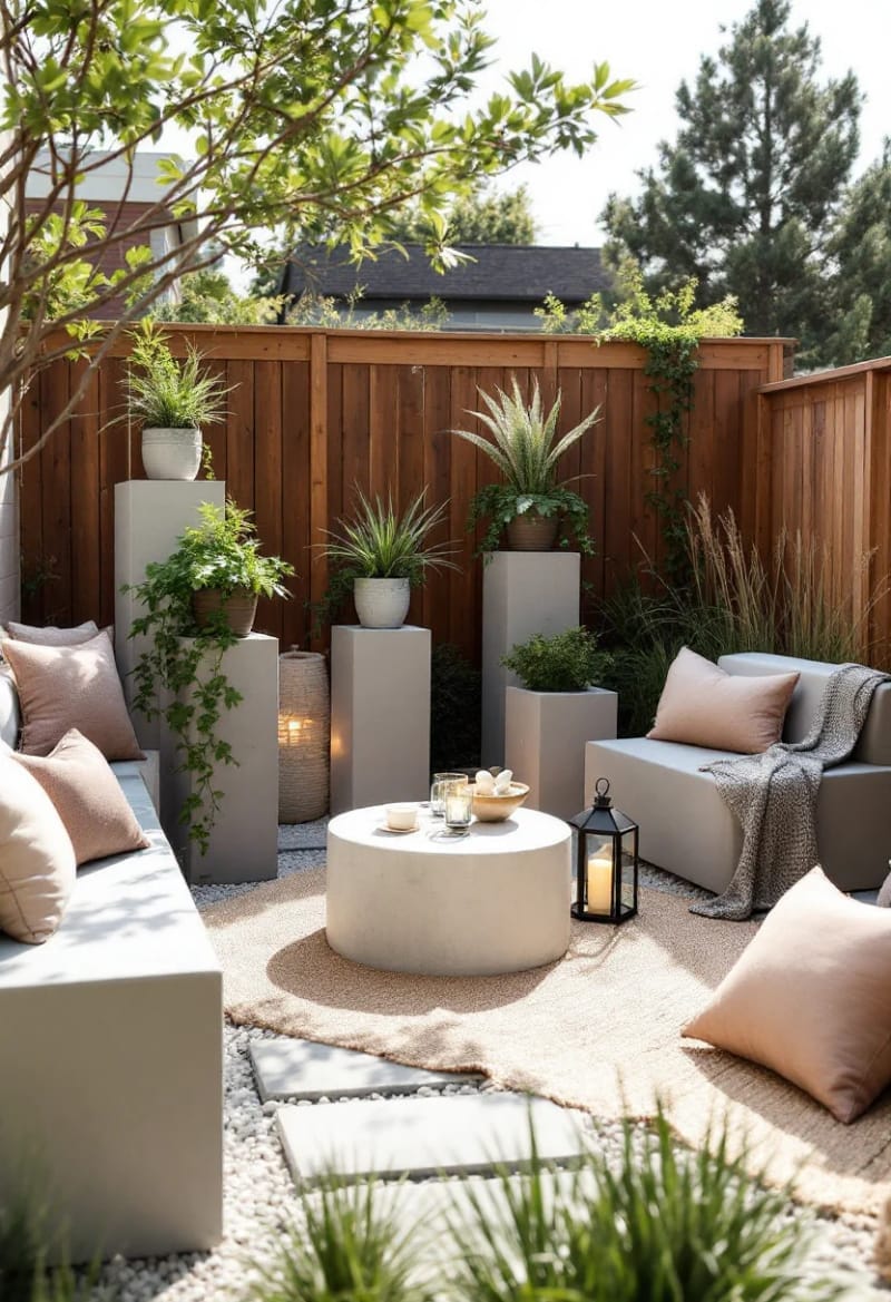 15 Unique Concrete Backyard Ideas for Creative Outdoor Style 49 modular concrete cubes used as flexible backyard furniture and plant stands 1