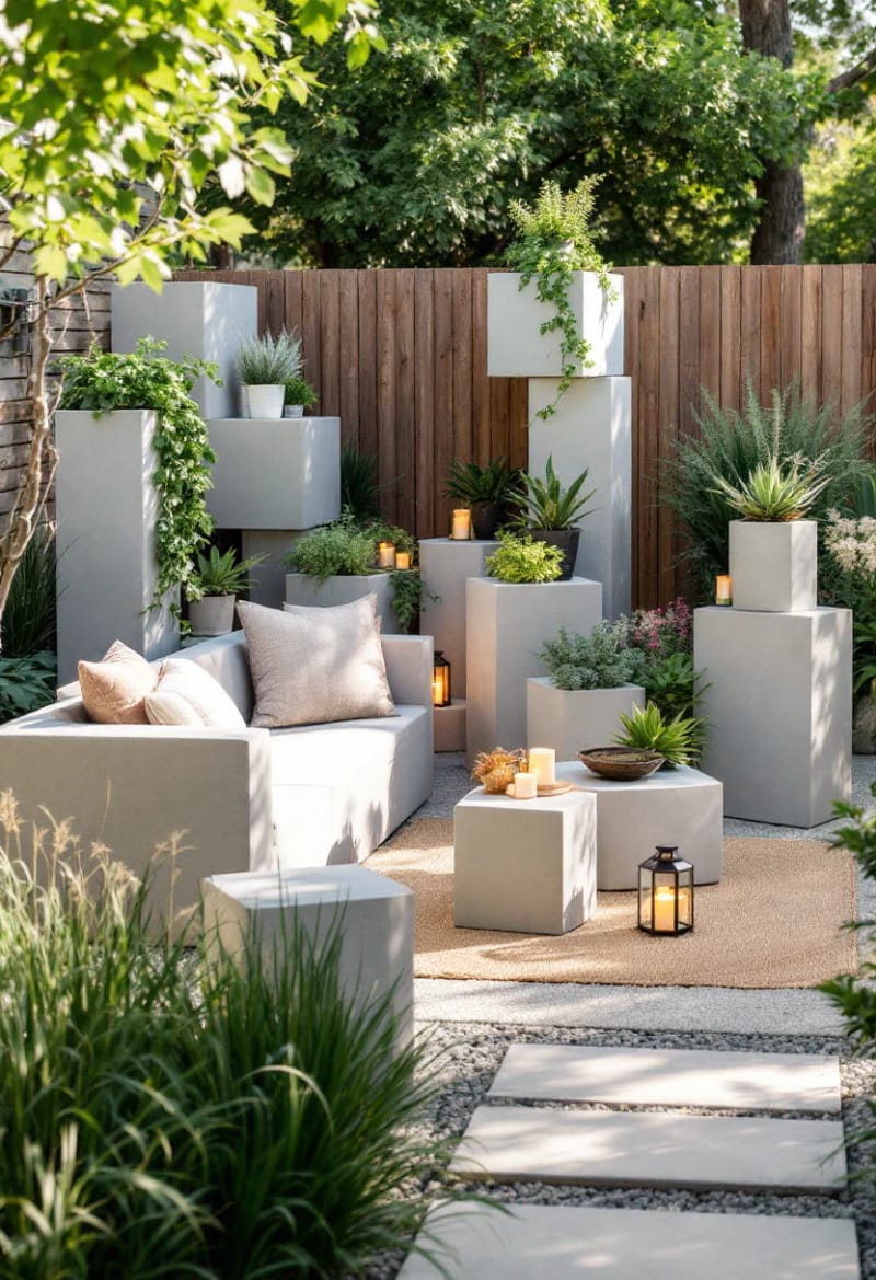 15 Unique Concrete Backyard Ideas for Creative Outdoor Style 50 modular concrete cubes used as flexible backyard furniture and plant stands 1