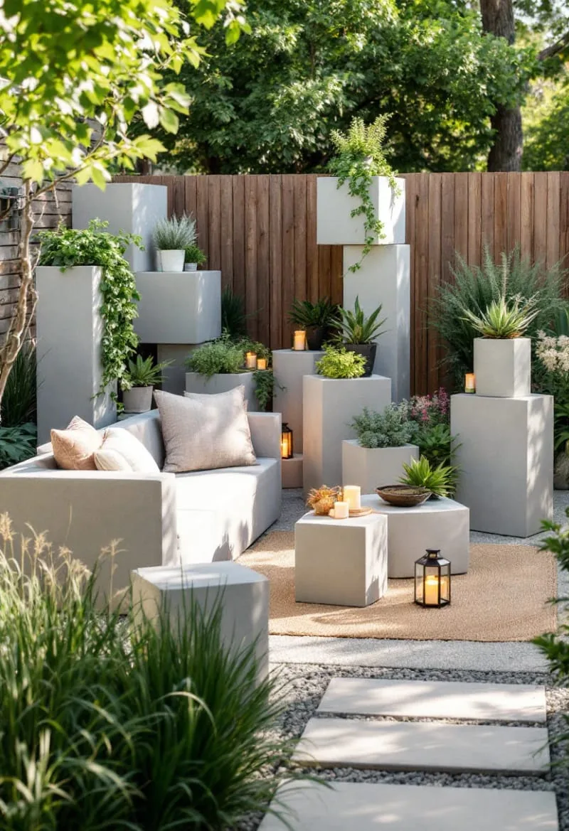 15 Unique Concrete Backyard Ideas for Creative Outdoor Style 49 modular concrete cubes used as flexible backyard furniture and plant stands 1