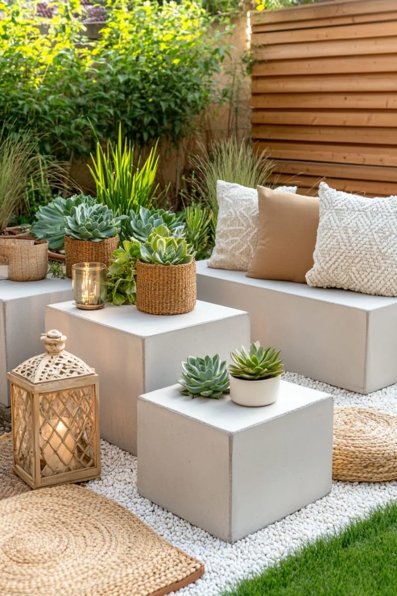 15 Unique Concrete Backyard Ideas for Creative Outdoor Style 51 modular concrete cubes used as flexible backyard furniture and plant stands 1