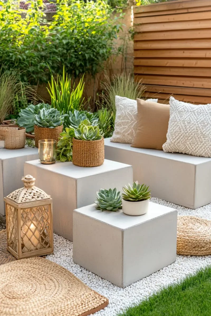 15 Unique Concrete Backyard Ideas for Creative Outdoor Style 50 modular concrete cubes used as flexible backyard furniture and plant stands 1