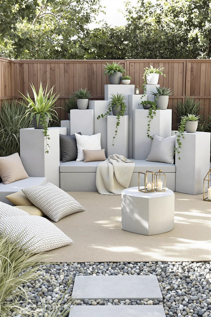 15 Unique Concrete Backyard Ideas for Creative Outdoor Style 52 modular concrete cubes used as flexible backyard furniture and plant stands 1