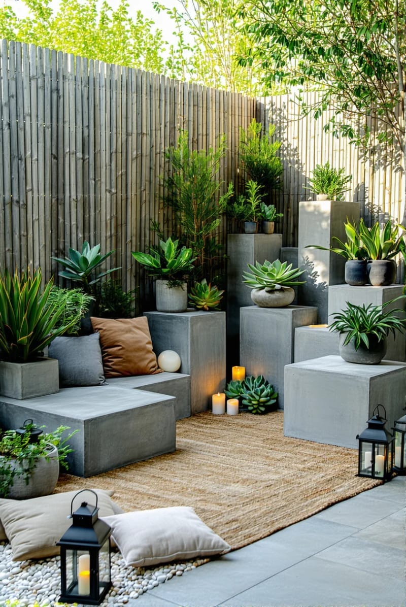 15 Unique Concrete Backyard Ideas for Creative Outdoor Style 53 modular concrete cubes used as flexible backyard furniture and plant stands 1
