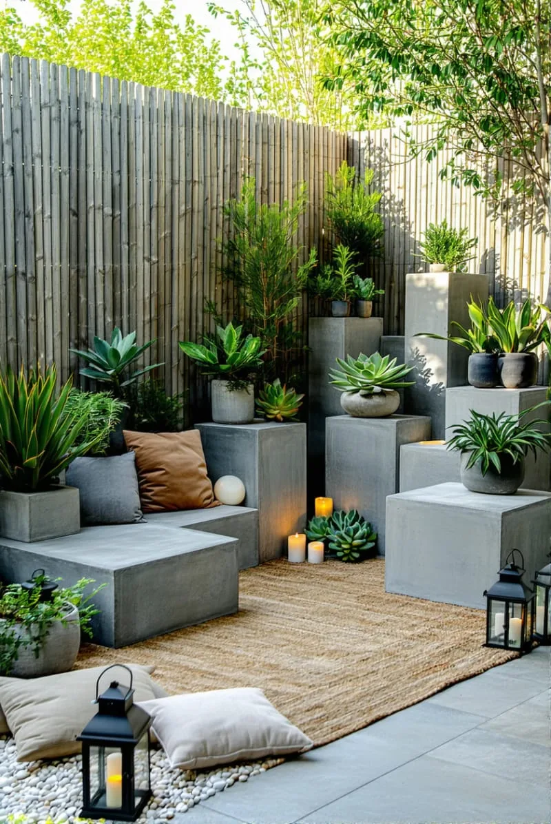 15 Unique Concrete Backyard Ideas for Creative Outdoor Style 52 modular concrete cubes used as flexible backyard furniture and plant stands 1