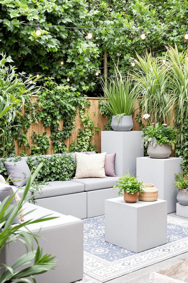 15 Unique Concrete Backyard Ideas for Creative Outdoor Style 54 modular concrete cubes used as flexible backyard furniture and plant stands 1