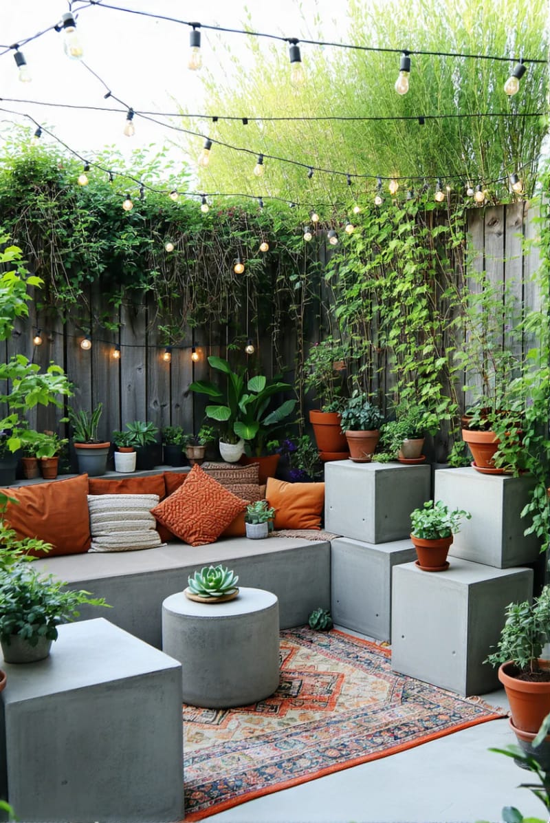 15 Unique Concrete Backyard Ideas for Creative Outdoor Style 55 modular concrete cubes used as flexible backyard furniture and plant stands 1