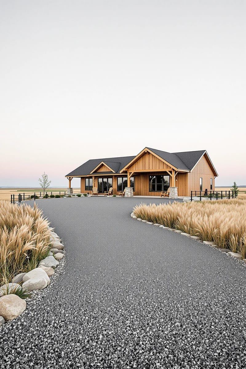 monochrome gravel driveway edged with prairie grasses for ranch curb appeal 1
