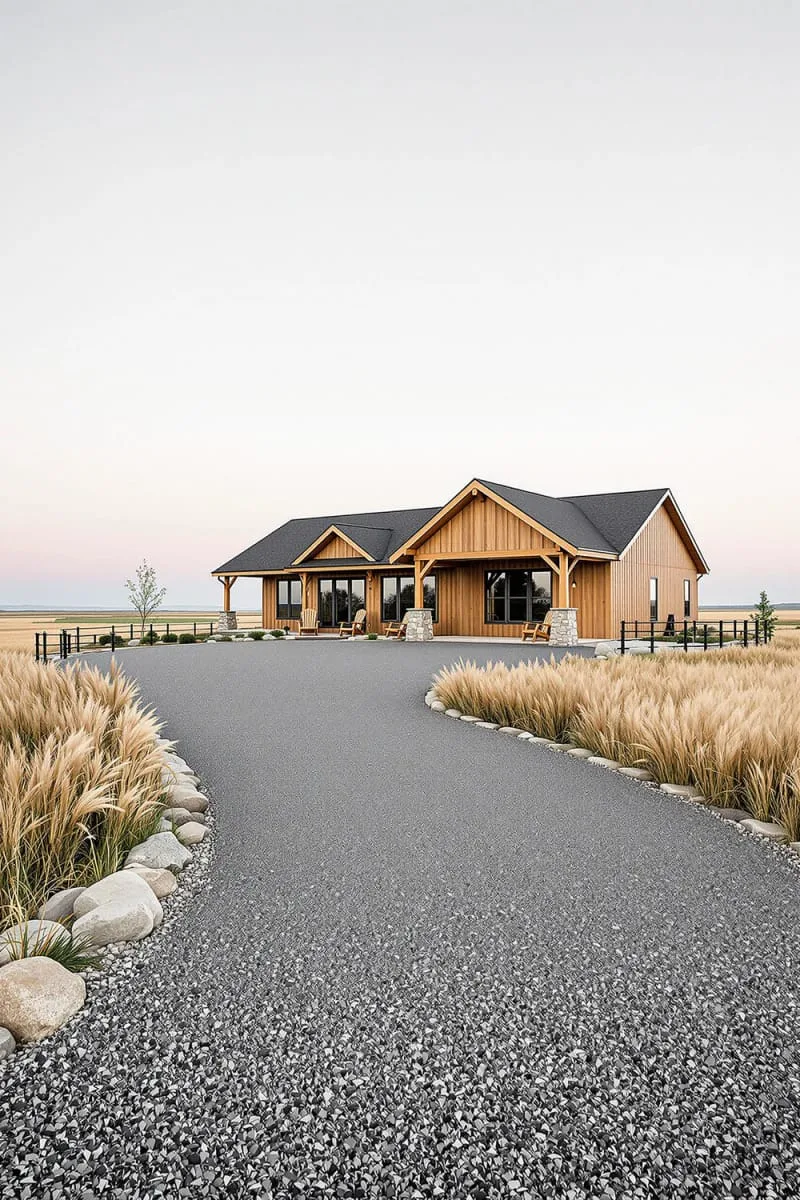19 Ranch Style Home Exteriors to Inspire Your Next Makeover 101 monochrome gravel driveway edged with prairie grasses for ranch curb appeal 1
