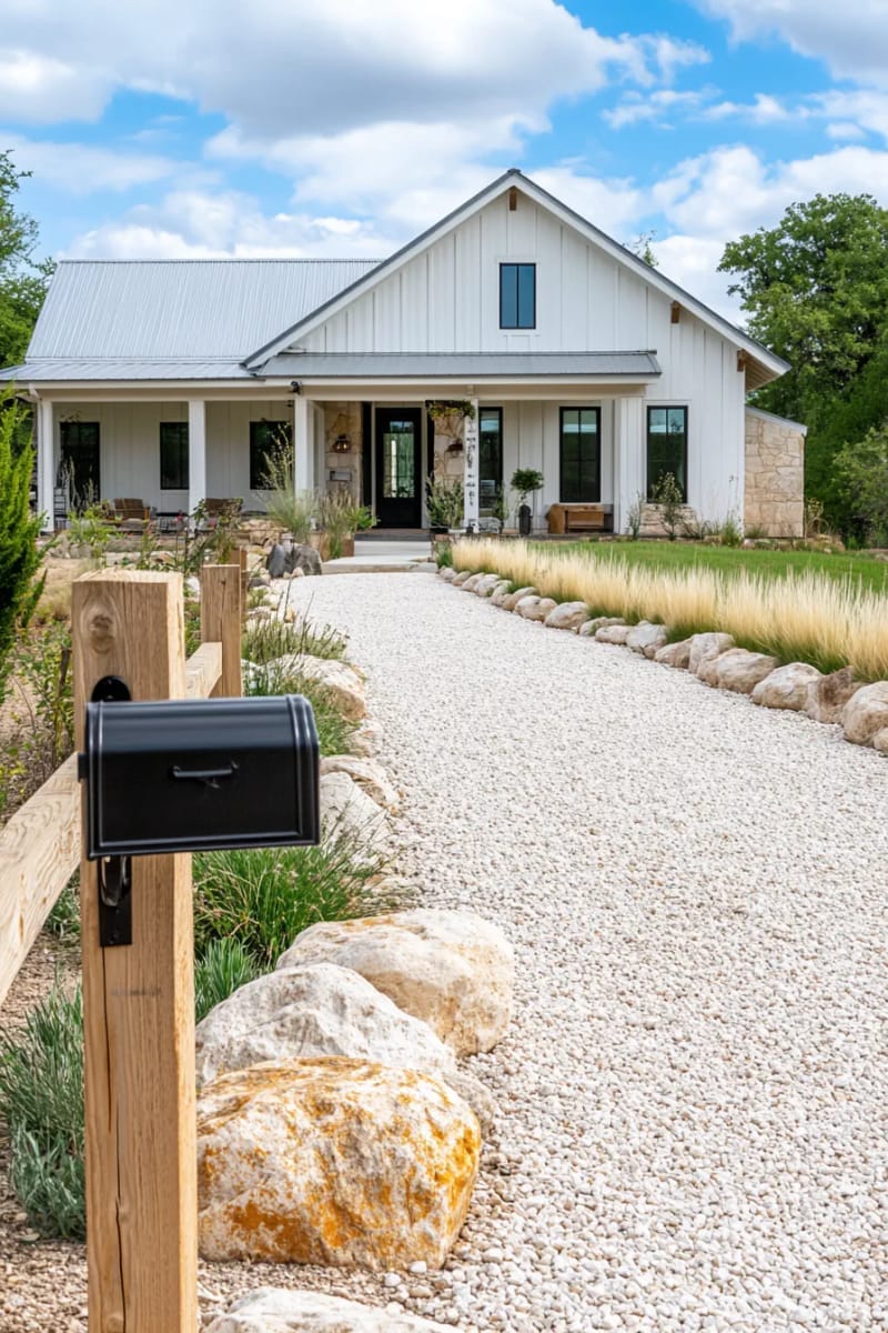 monochrome gravel driveway edged with prairie grasses for ranch curb appeal 1