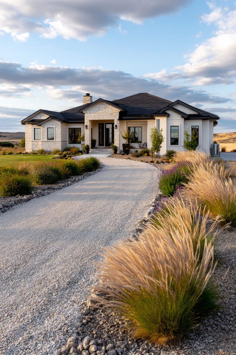 monochrome gravel driveway edged with prairie grasses for ranch curb appeal 1