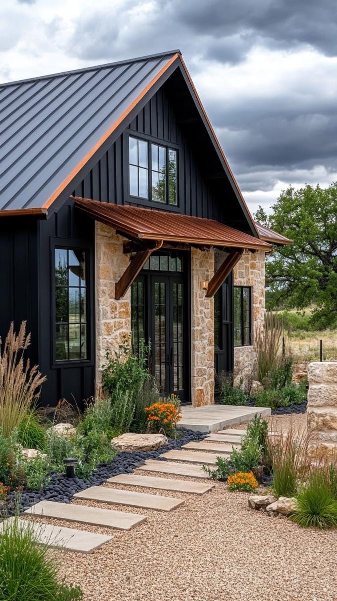 moody charcoal exterior highlighted by copper gutters and hardware 1
